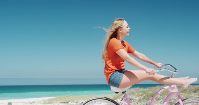 Young Woman Riding Bike on Beach in Summer - Download Free Stock Images Pikwizard.com