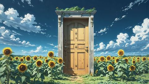 Mystical anime wooden door surrounded by vibrant sunflower field