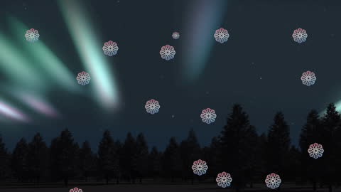 Magical Snowflakes Falling Over Winter Landscape with Aurora