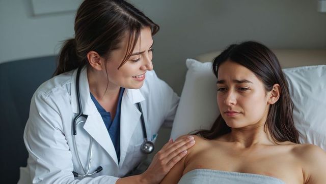 Female clinician comforting anxious young woman at bedside during hospital recovery