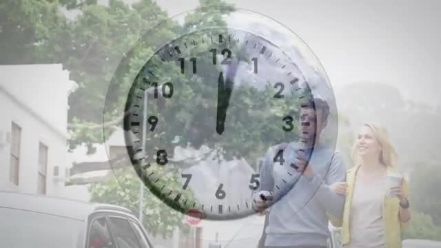 Clock Overlay with Couple Walking Suggesting Time Management