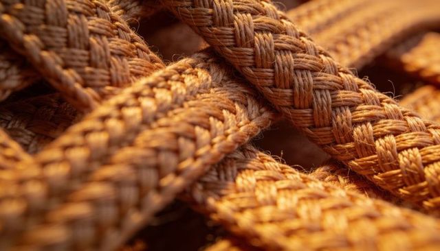 Displaying braided hemp rope texture in warm golden light macro closeup
