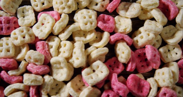 A variety of colorful cereal pieces are scattered across a surface, creating a vibrant and textured background. This close-up shot captures the playful shapes and colors of a common breakfast food, with copy space.