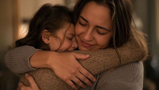 Mother and daughter sharing warm knit sweater hug at home, cozy tender family embrace