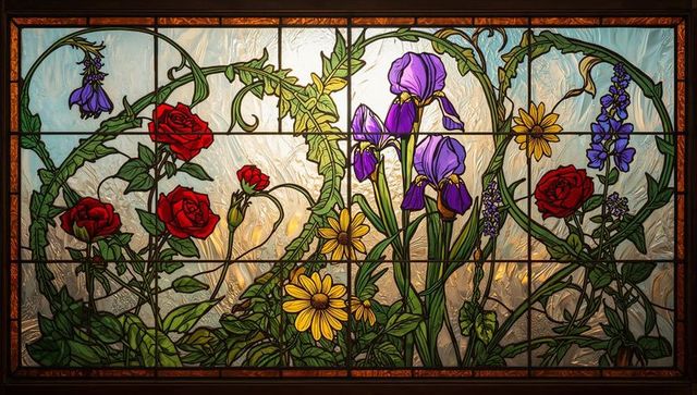 Artisan stained glass panel with floral design featuring roses and irises