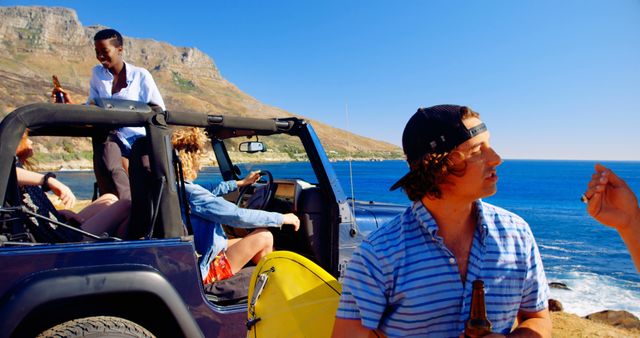 Friends on a Coastal Road Trip Enjoying Ocean Views and Snacks - Download Free Stock Images Pikwizard.com