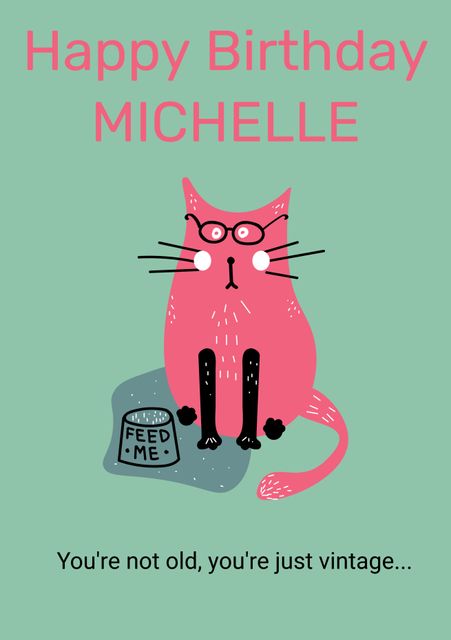 Fun and whimsical birthday card template featuring a pink cat with glasses. Includes playful text and a humorous touch perfect for personalized birthday celebrations. Ideal for sending to friends and loved ones who appreciate quirky and vintage-themed designs.