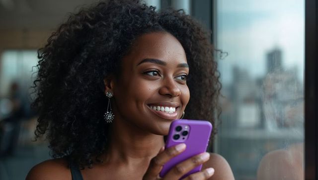 Smiling Woman Chirping with Her Purple Phone Against a Funky City Backdrop