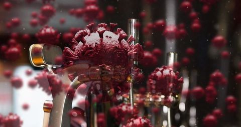 Virus cells in empty bar spotlighting pandemic concerns