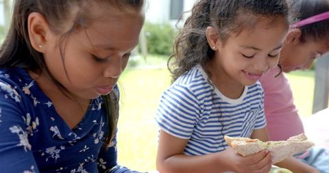 Young Girls Enjoying Lunchtime Outdoors in School Yard
