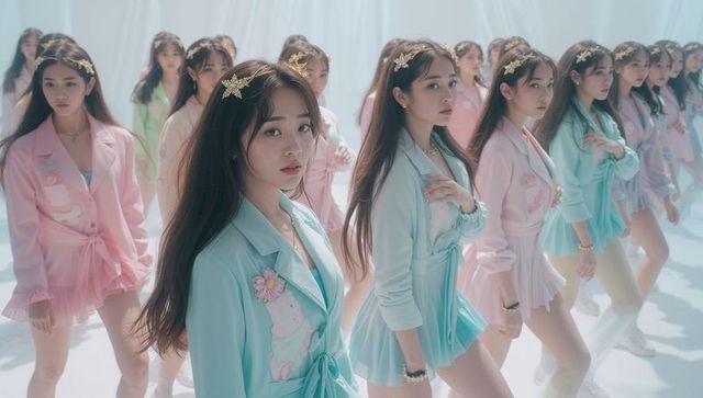 Asian Dancer Ensemble in Pastel Blazers Performing Choreographed Routine