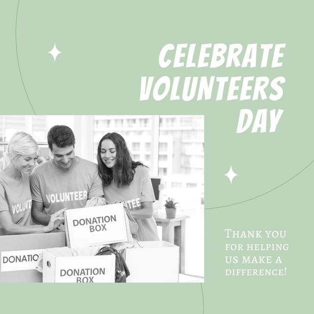 Black and white photograph celebrating Volunteers Day showing a diverse group of people working together with donation boxes. Useful for nonprofit organizations, volunteering promotions, charity events, community building programs, social good campaigns, and fundraising initiatives.