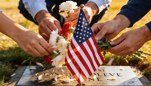 Hands placing american flag and flowers on veterans gravesite in sunlit cemetery