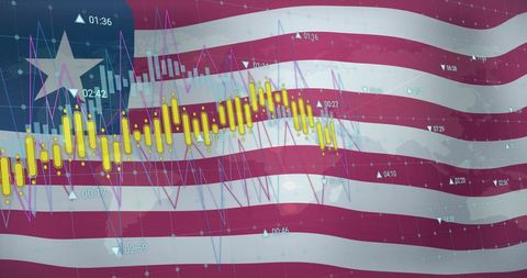 Stock Market Data Overlay on Waving American Flag Concept