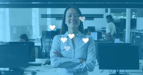 Confident businesswoman embracing digital connectivity in office