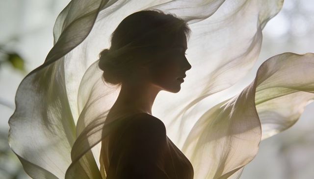 Ethereal backlit silhouette of woman draping translucent fabric, airy veil and rimlight