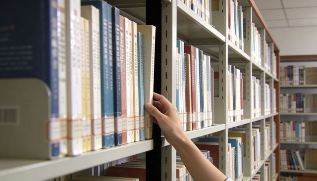 Hand Reaching for Book on Library Shelf, Rows of Labeled Spines and Quiet Study Aisle