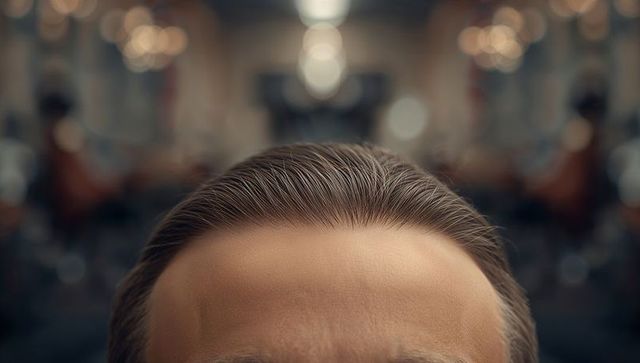 Showing combed dark brown hair and forehead with defined hairline and warm bokeh