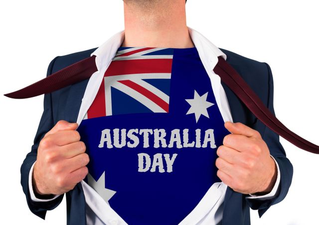 Man revealing Australia Day shirt under business suit, expressing patriotism and national pride. Ideal for Australia Day promotions, awareness campaigns, and celebration announcements.
