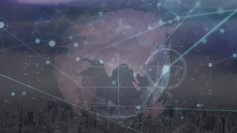 Futuristic Network Overlay with Digital Globe in Urban Skyline