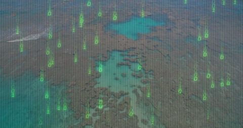 Drone overhead coral reef with neon binary data overlay, turquoise lagoon digital concept