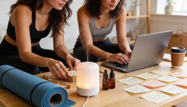 Two women collaborating on aromatherapy and massage planning with diffuser and laptop