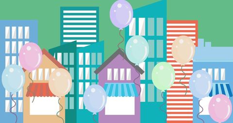 Cityscape Celebration Illustrative Cartoon with Balloons - Download Free Stock Images Pikwizard.com