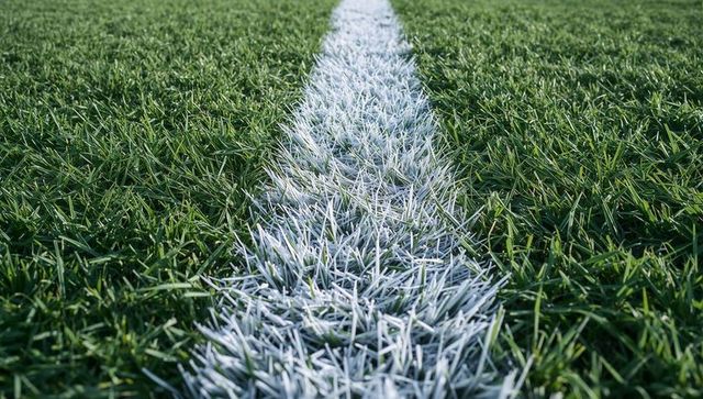 Painted white line running through lush green sports field closeup low-angle turf detail