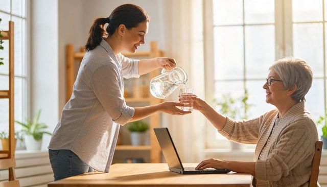 Daughter pouring water for smiling senior woman working on laptop in sunlit dining nook