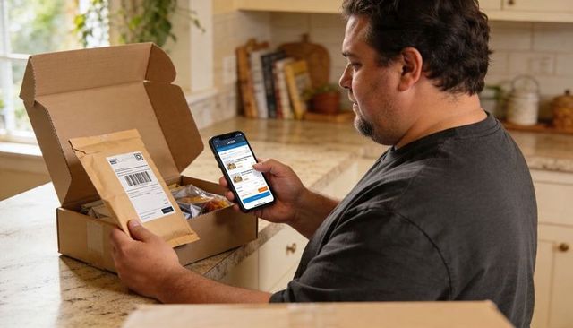 Man Unboxing Package on Kitchen Counter Tracking Delivery on Smartphone