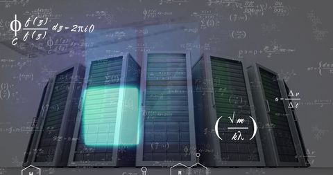 Image depicts several computer servers with a superimposed design of mathematical formulas and symbols, symbolizing advanced computing and data management. Useful for illustrating concepts in modern data processing, technology infrastructure, and innovation in business operations.