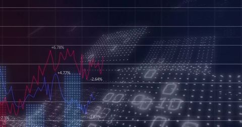 Futuristic Financial Dashboard Showing Red and Blue Line Charts, Neon Data Grid Overlay