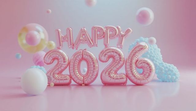 Rose Gold HAPPY 2026 Balloon Display with Pastel Pink Orbs and Metallic Bokeh