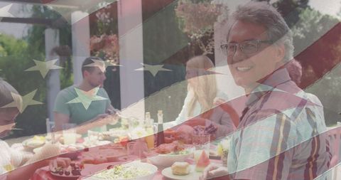 Patriotic Family Dinner Celebrating with American Flag Overlay - Download Free Stock Images Pikwizard.com