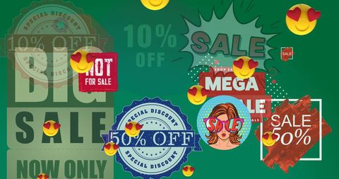 Vibrant Sale Concept with Heart Eyed Emojis on Green Background