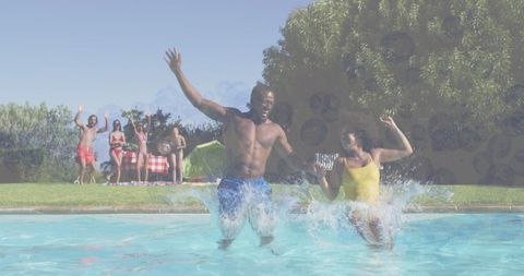 Joyful Friends Splashing at Vibrant Pool Party Event