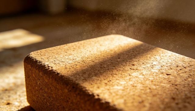 Sunlit cork yoga block casting warm beam with dust particles and textured close-up