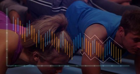 Couple doing plank in group fitness class with waveform overlay showing performance data