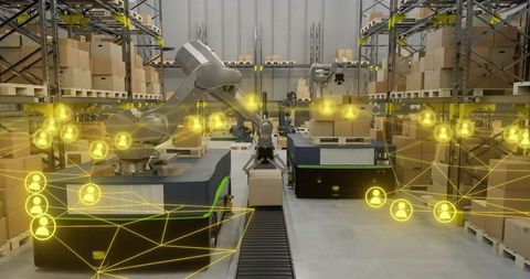 Central robotic arm operating on mobile bots picking boxes on conveyor in smart warehouse network