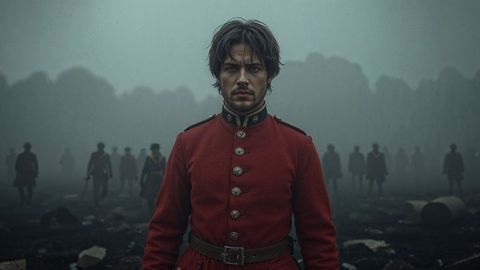 Solitary british empire soldier in a red coat on foggy battlefield