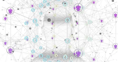 Futuristic Neural Network Head Silhouette Forming from Dense Data Mesh with AI Bot Nodes