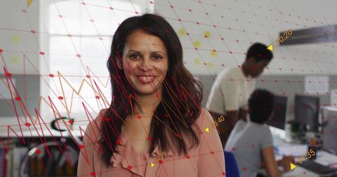 Smiling Businesswoman with Overlay of Dynamic Analytics Graphs
