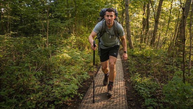 Male hiker trekking on sunlit forest boardwalk carrying large backpack and trekking pole