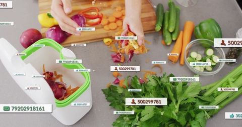 Organizing vegetable peels into kitchen compost bin