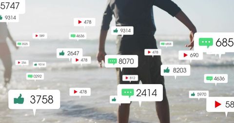 Sunlit beach child wading through shallow waves with floating social media metrics