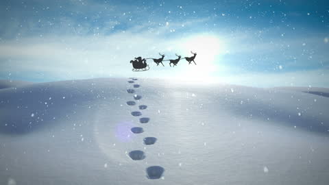 Silhouette of Santa Claus Sleigh with Reindeer in Winter Wonderland