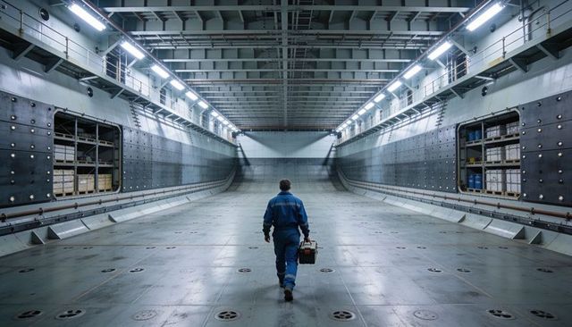 Technician walking down empty ship cargo hold carrying toolbox for industrial maintenance