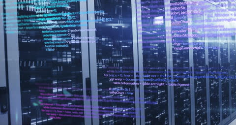 Data Processing Animation Overlay on Server Room Background