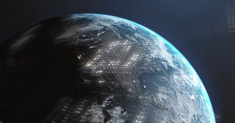 Earth from Space with Futuristic Binary Overlay