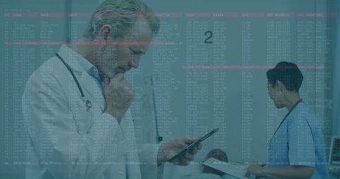 Senior doctor checking phone while nurse reviews chart at bedside with alert overlay